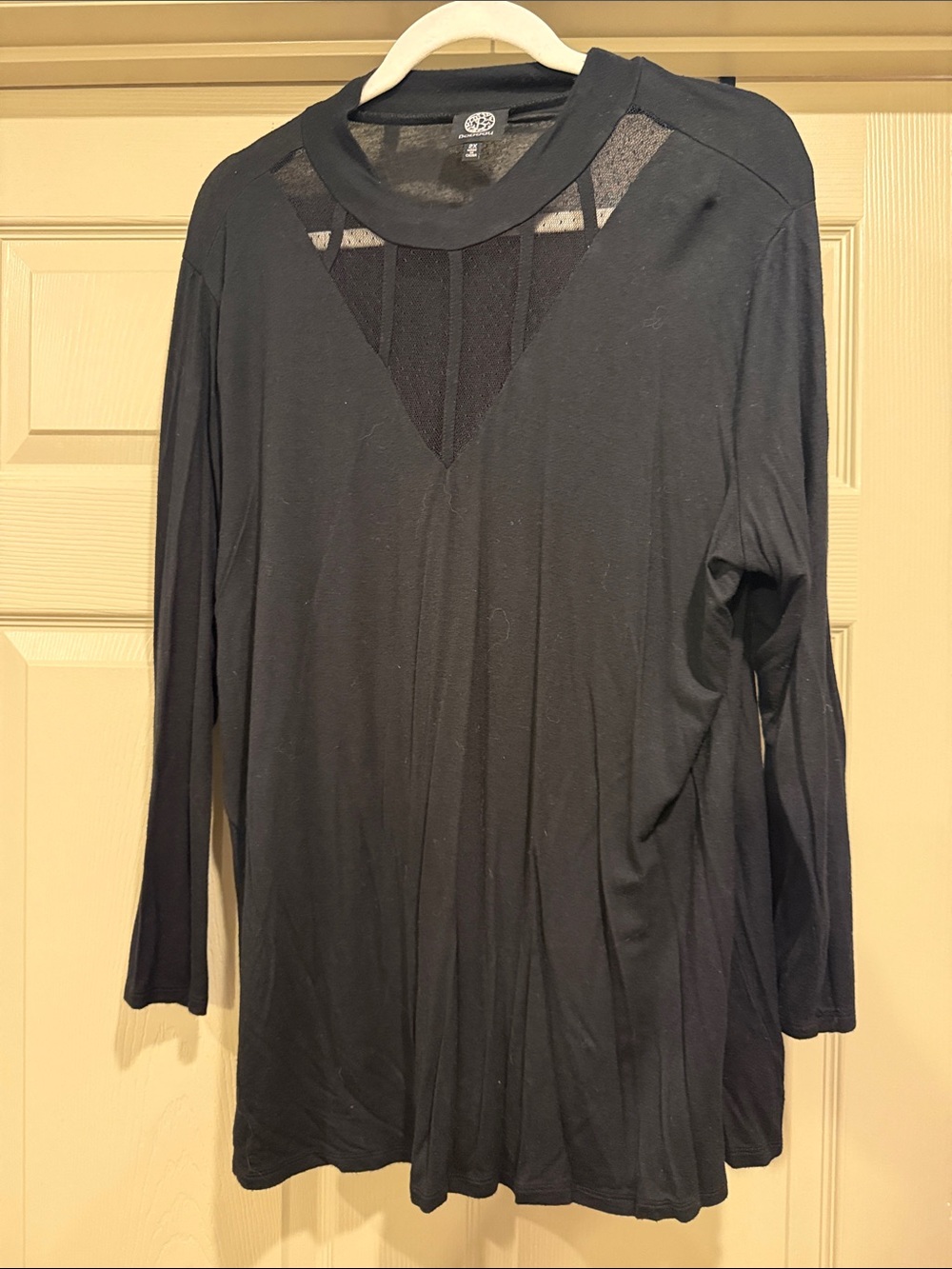 bobeau Black Long Sleeve V-Neck Top with Sheer Mesh Inset